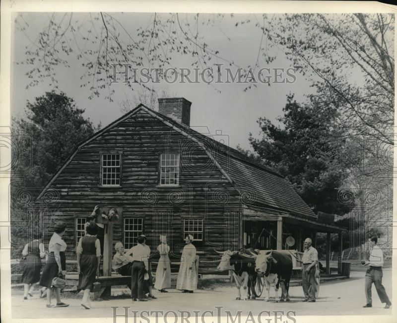 Load image into Gallery viewer, 1960 Press Photo Sturbridge Mass ox cart at Miner Grant's General store
