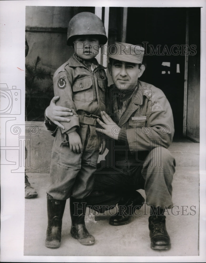 Load image into Gallery viewer, 1956 Press Photo Seoul Korea Sgt Ahmed age 7 &amp; soldier Capt Ziya Ozbilen
