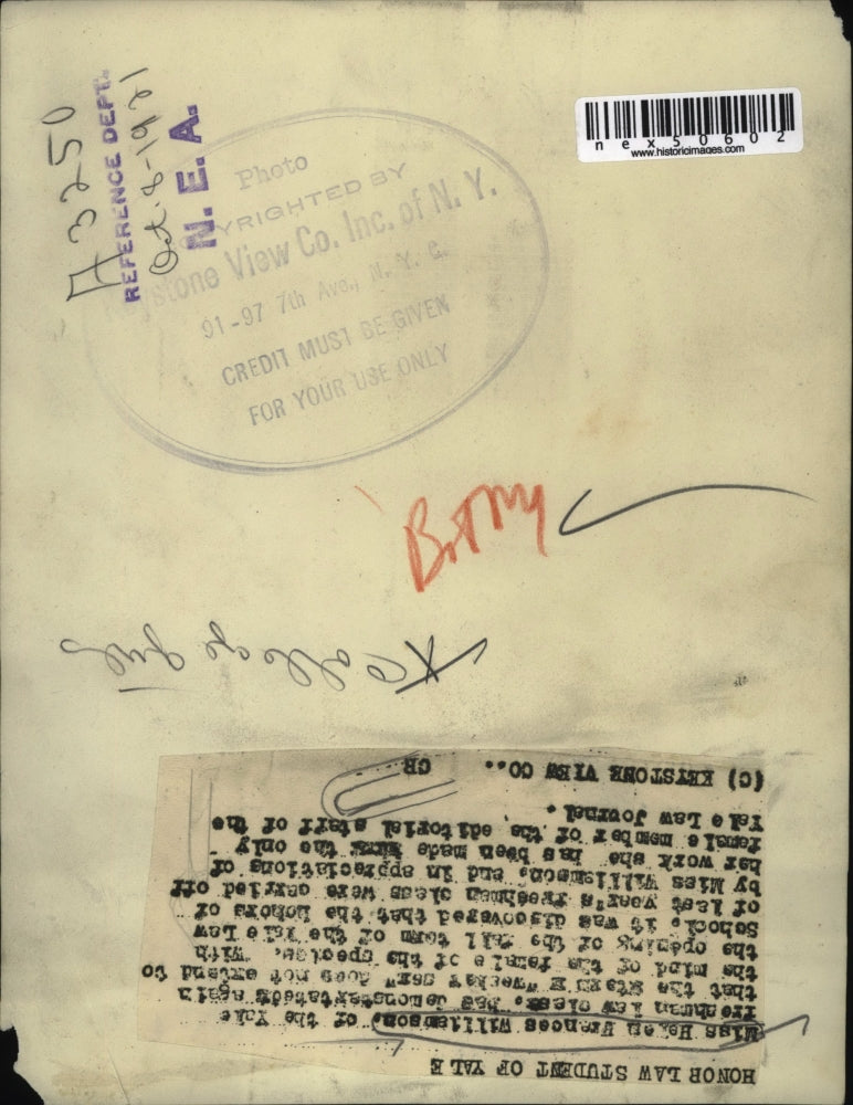 1921 Press Photo Miss Helen Frances Williamson Yale freshman in law