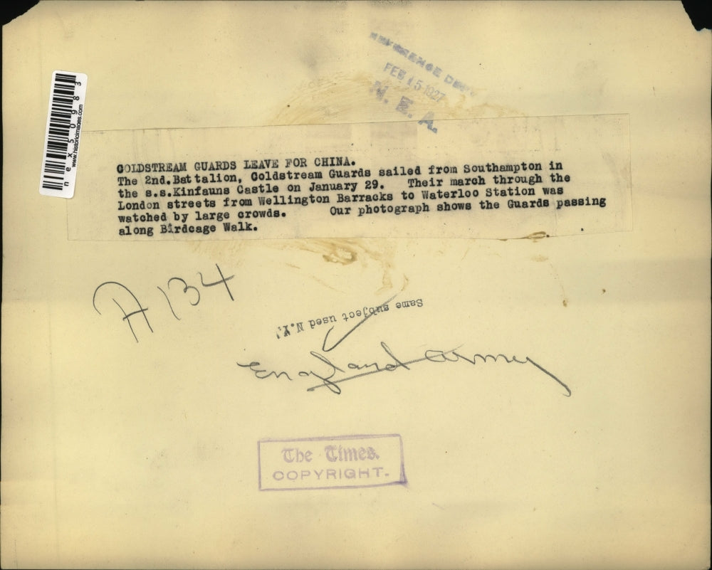 1927 Press Photo 2nd Battalion Coldstream Guards at Wellington Barracks