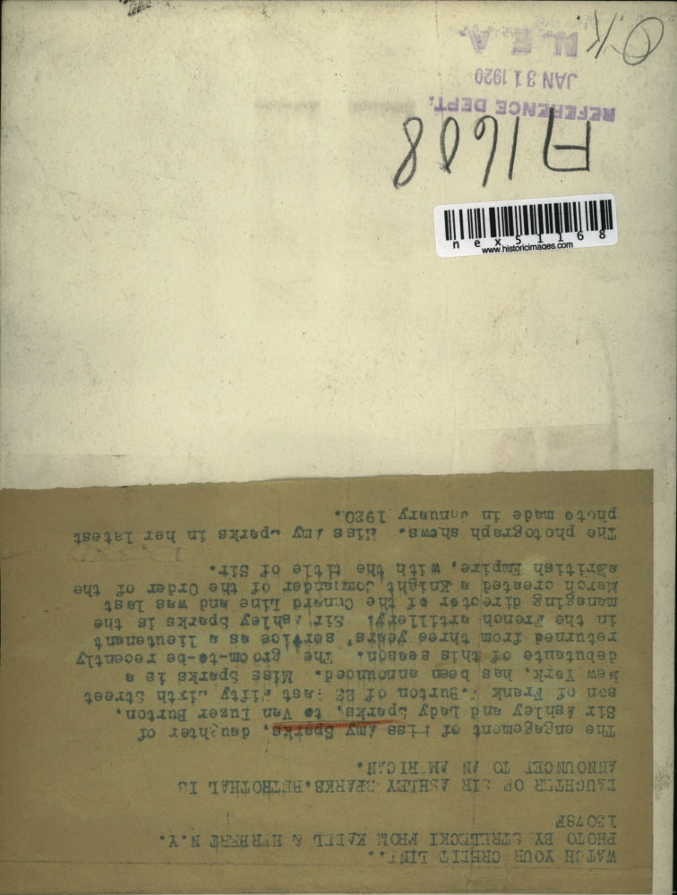 1920 Press Photo Amy Sparke engaged to Van Duzer Burton on NY