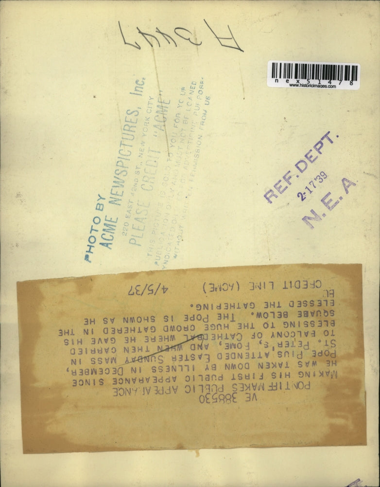 1937 Press Photo Pope Pius at Easter mass at St Peter's in Rome