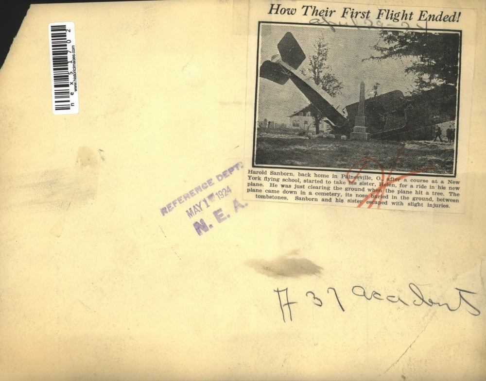 1924 Press Photo HArold Sanhorn & sister in plane crash & survived