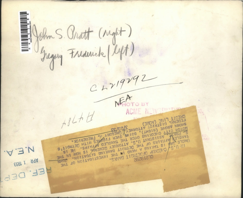 1933 Press Photo John S Pratt asst US Atty Gen & DA Gregory Frederick