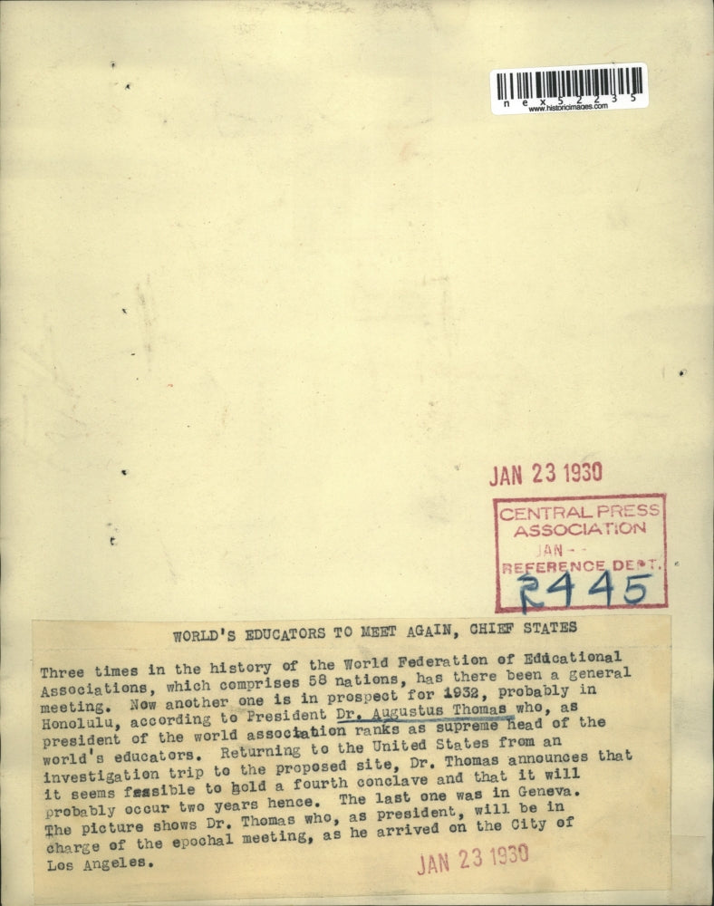 1930 Press Photo Dr Augustus Thomas Pres of World Federation of Edu Assoc