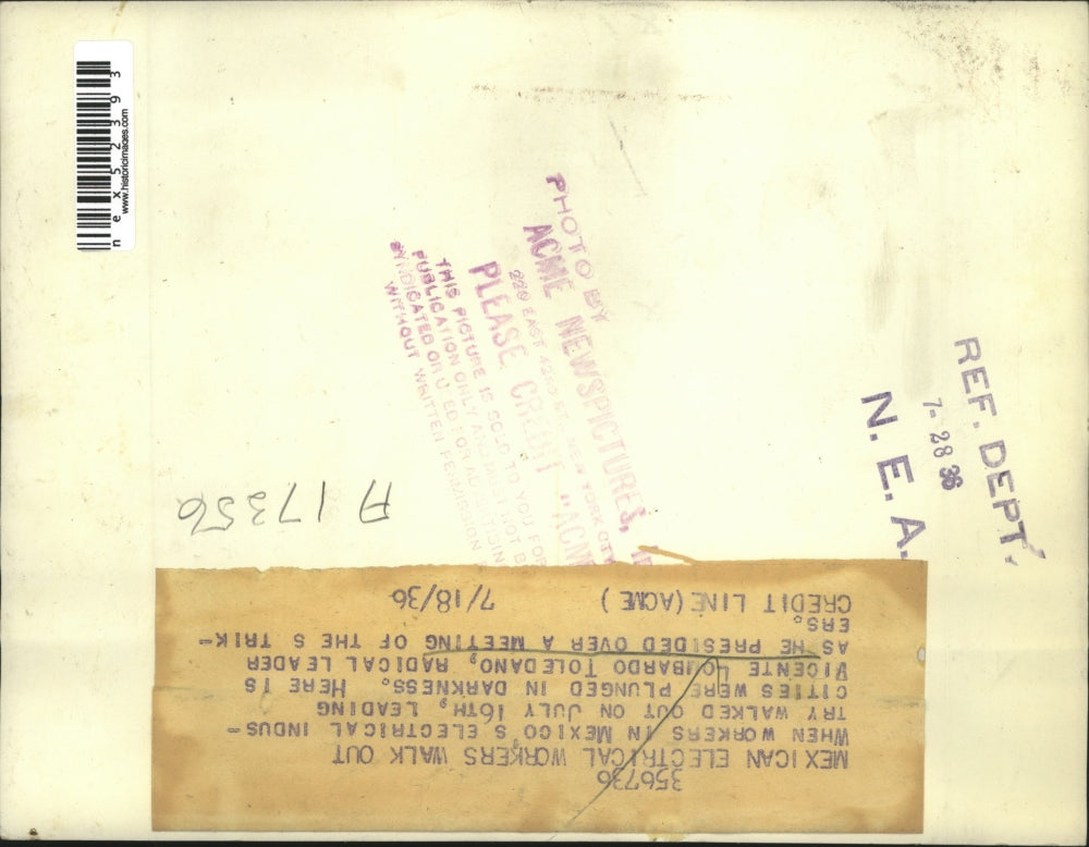 1936 Press Photo Vincente L Toledano leader of Mexican electric workers