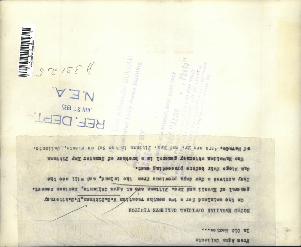 1935 Press Photo WB Pittman US Atty Gen of Hawaii & wife vacation