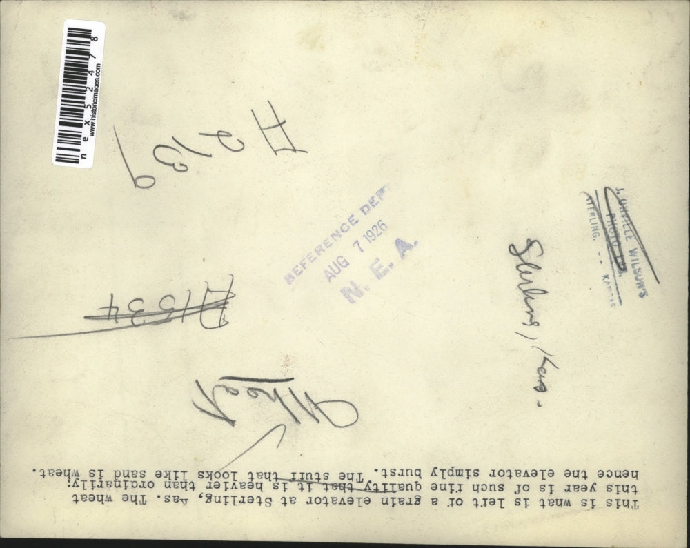 1926 Press Photo Grain elevator at Sterling Kans urst from overfilling