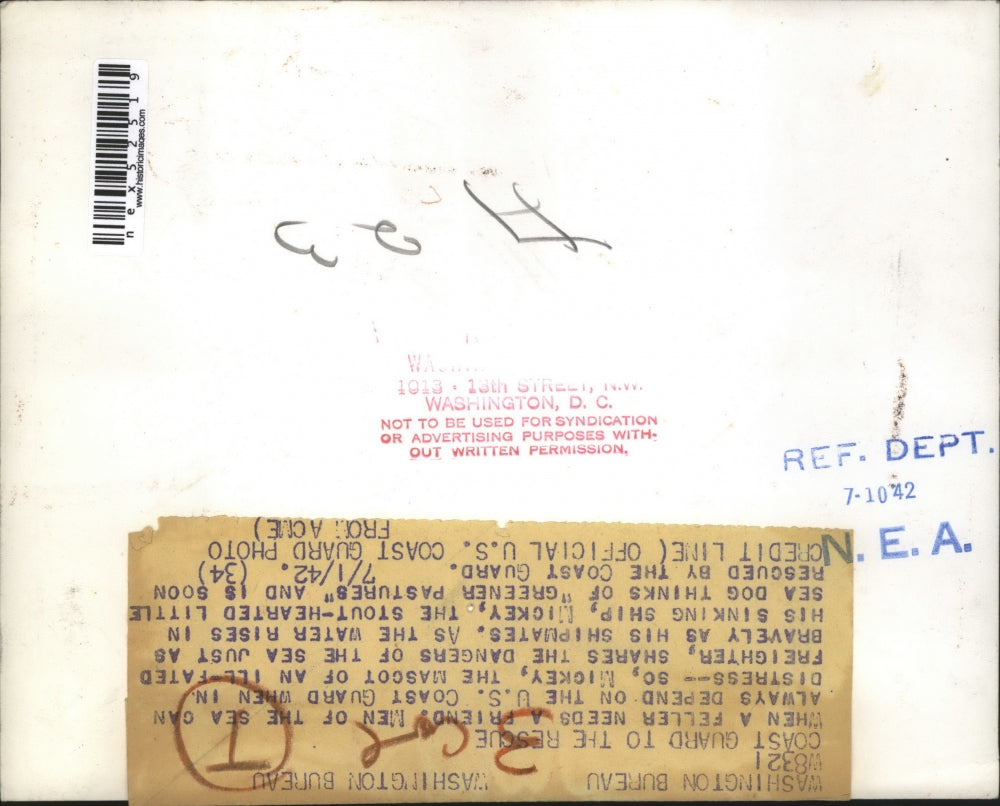 1942 Press Photo Coast Guard rescues Mickey the dog from ship ladder