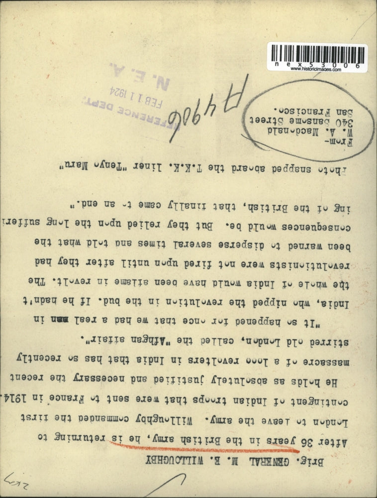 1924 Press Photo Brig Gen ME Willoughby of British Army