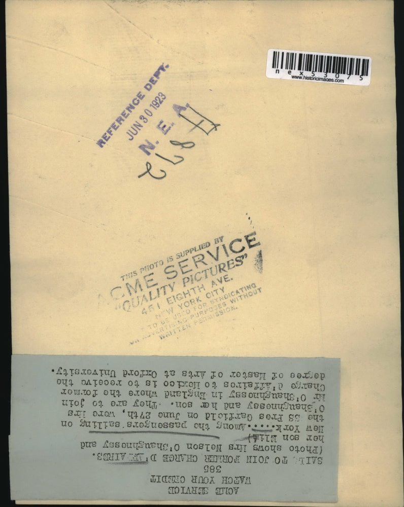 1923 Press Photo Mrs Nelson O'Shaughnessy & son Elim on SS Pres Garfield