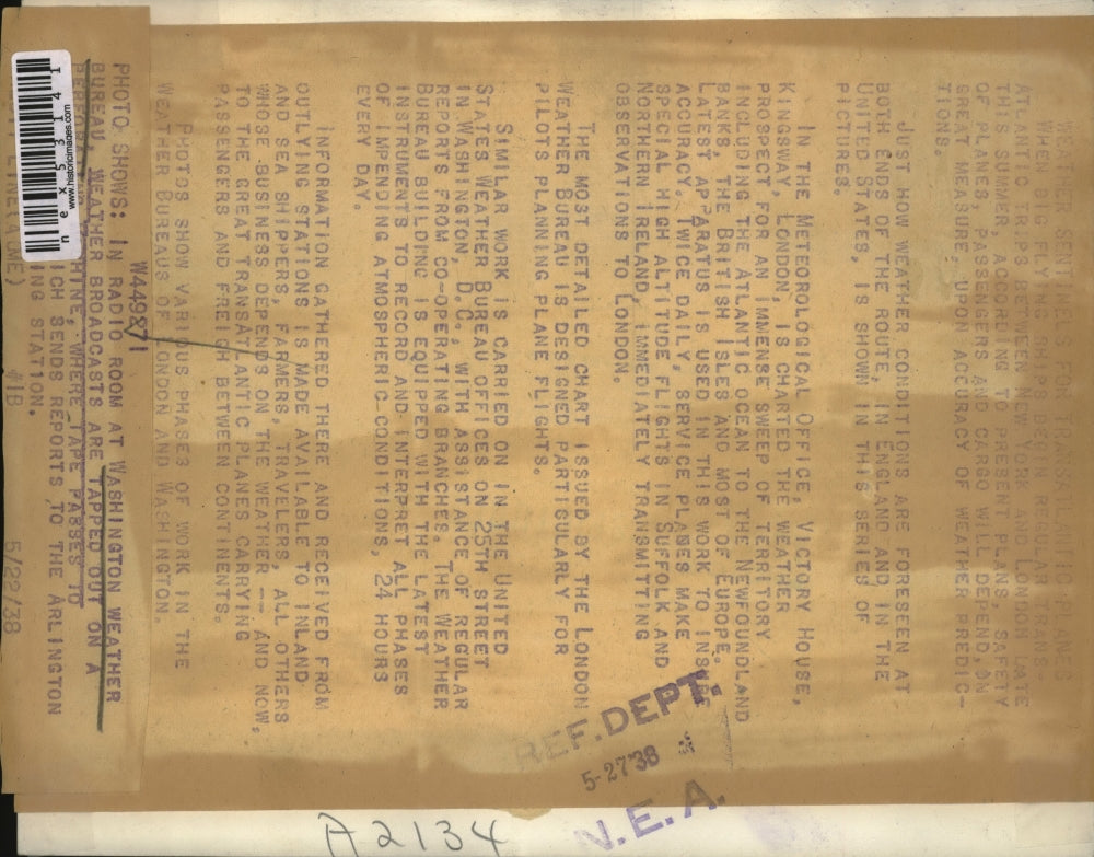 1938 Press Photo Wash DC Weather Bureau broadcasts typed out