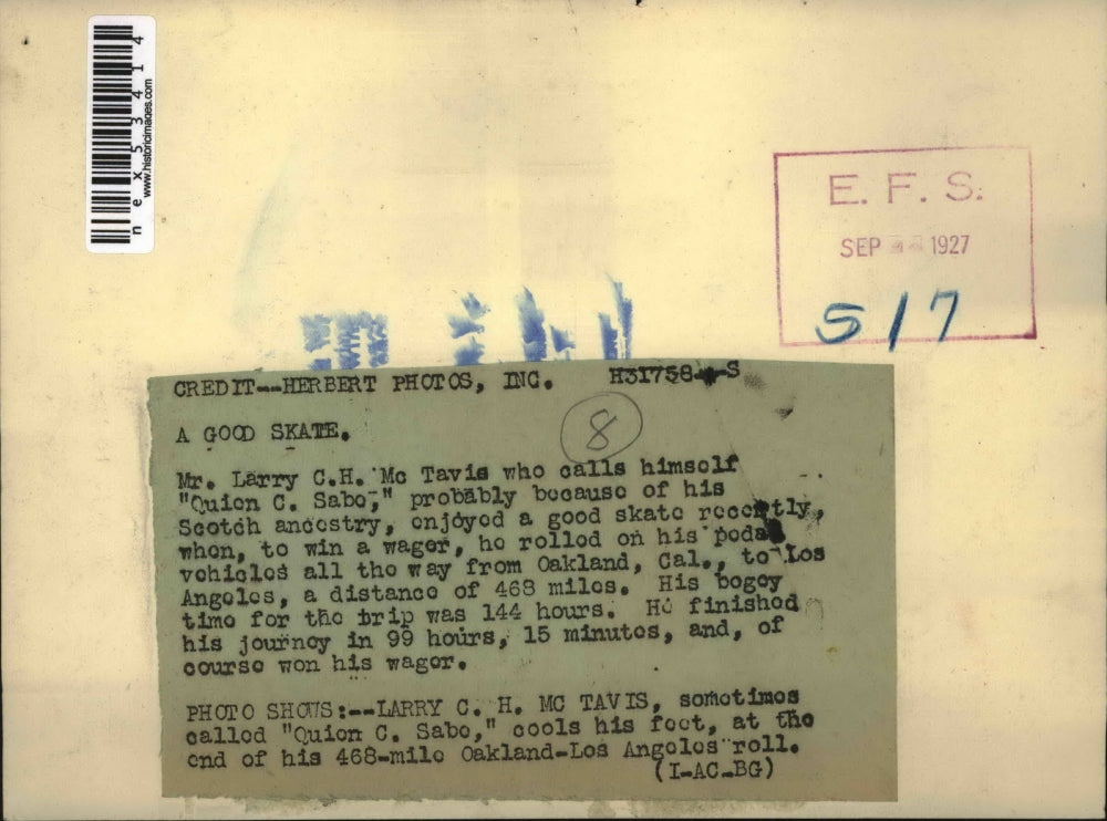 1927 Press Photo Larry McTavis Skated from Oakland to L.A.