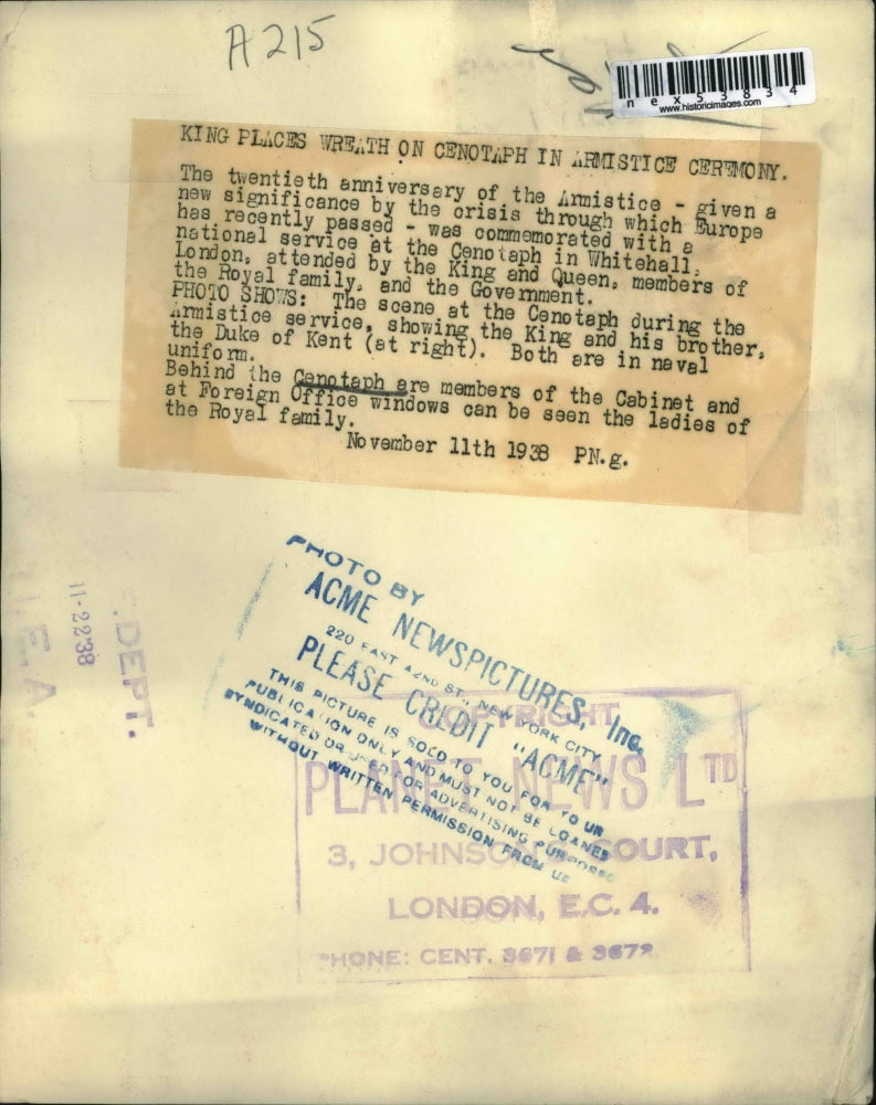 1938 Press Photo 20th Anniversary of Armistice King/Queen place wreath Cenotal