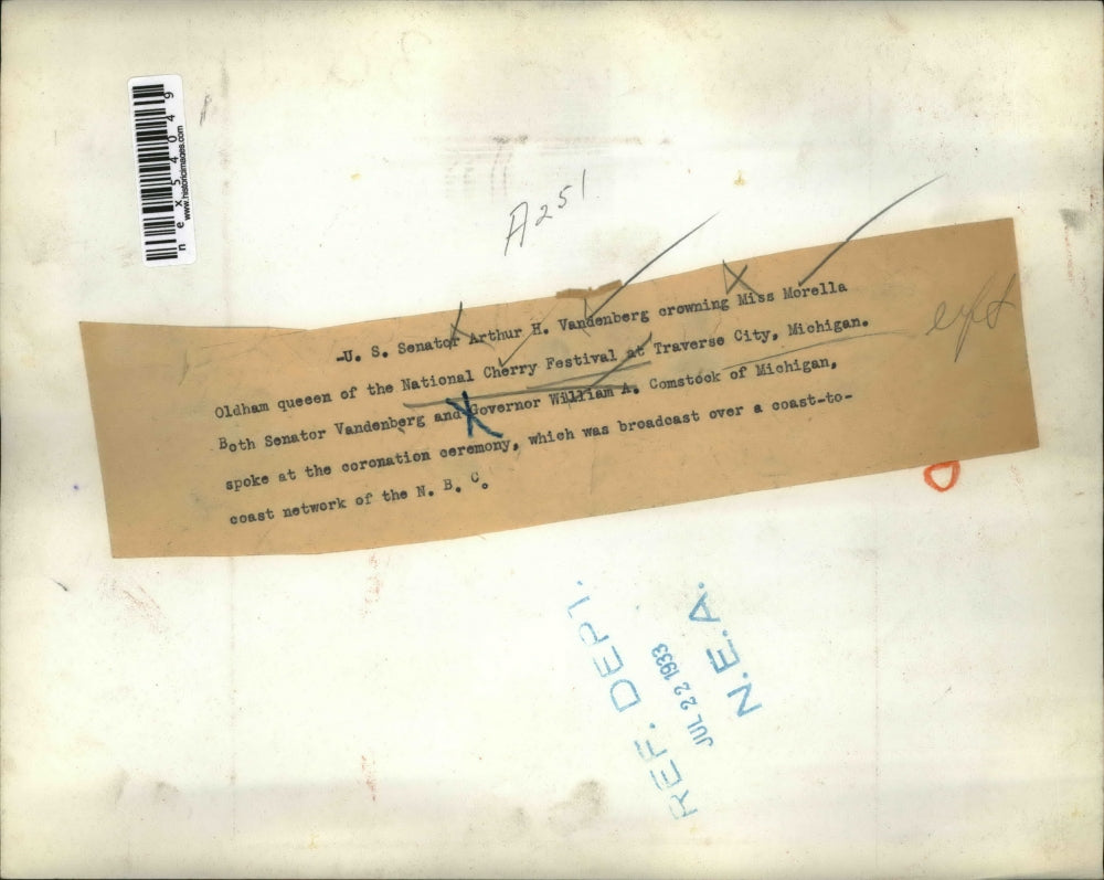 1931 Press Photo Senator Art vandenberg, Morella Odham Queen of Natl Cherry Fest