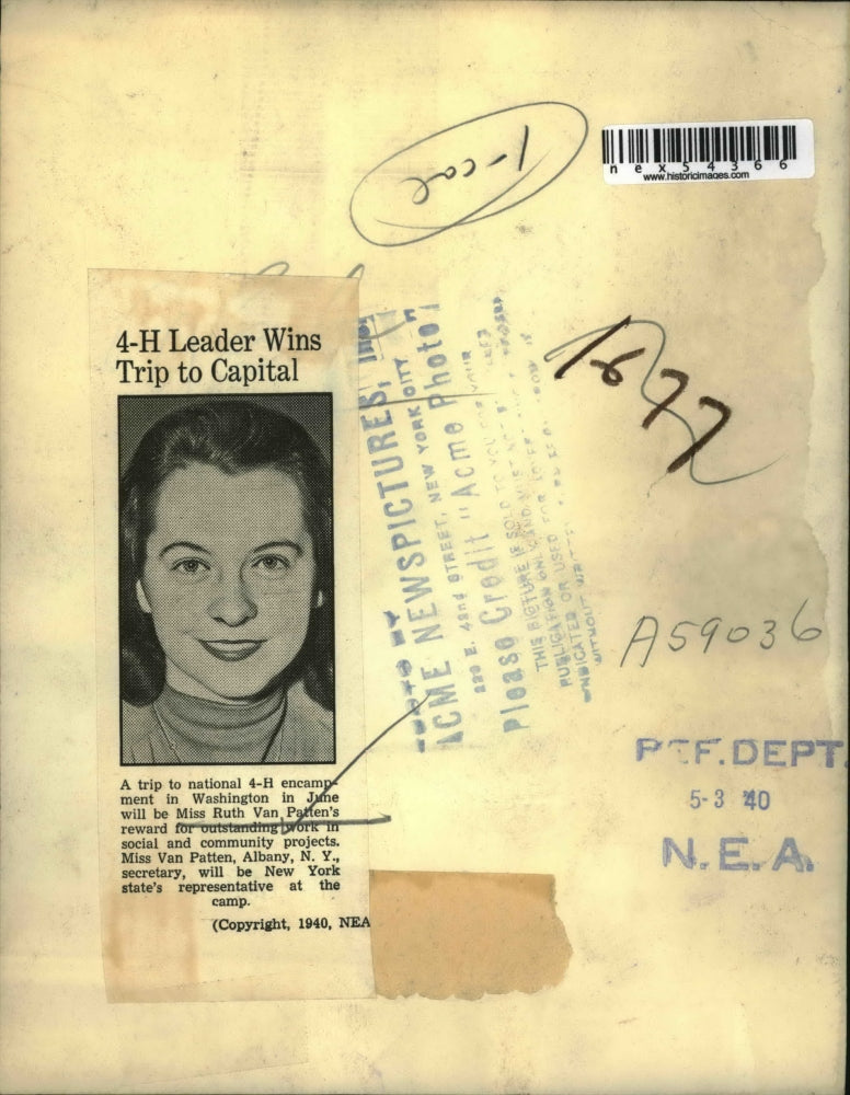 1940 Press Photo 4-H leader Ruth Van Patten of Albany NY wins trip to Capital