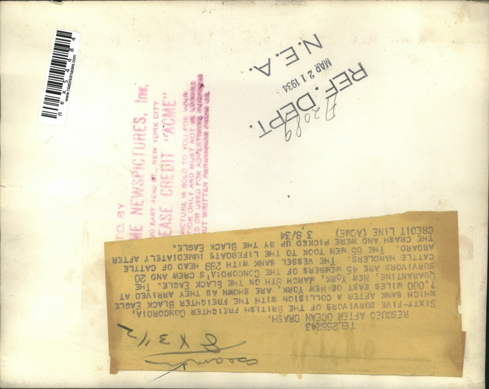 1934 Press Photo Survivors of freighter Concordia sinking arrive in NYC