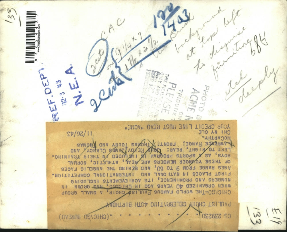 1943 Press Photo Chicago Paulits Choir, J Reidy, J Clancy,L Range,T Touhy