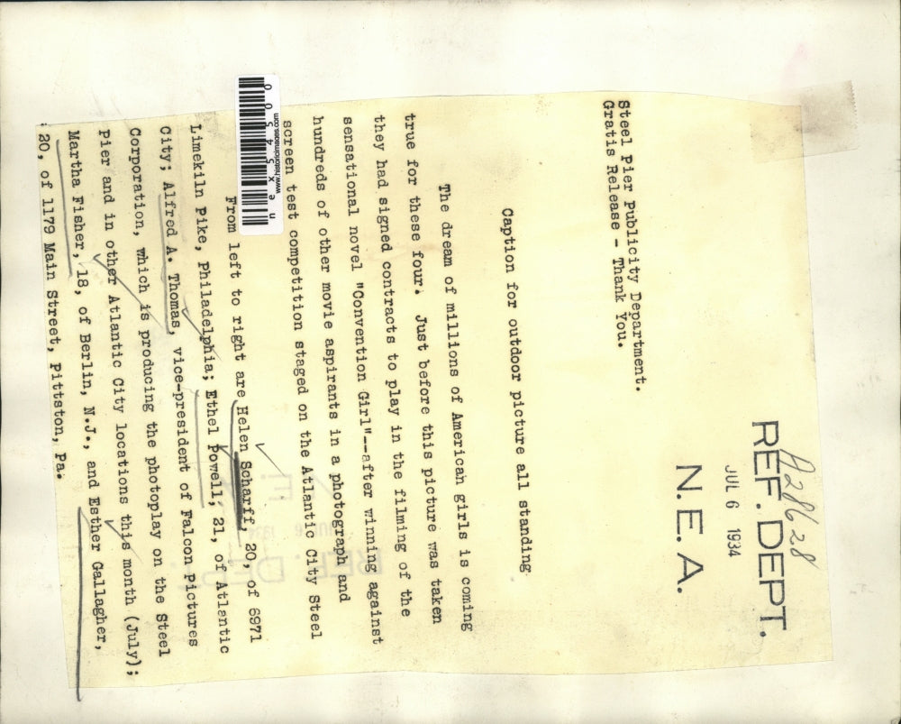 1934 Press Photo Helen Schraff, E Powell, M Fisher, E Gallagher, & Al Thomas