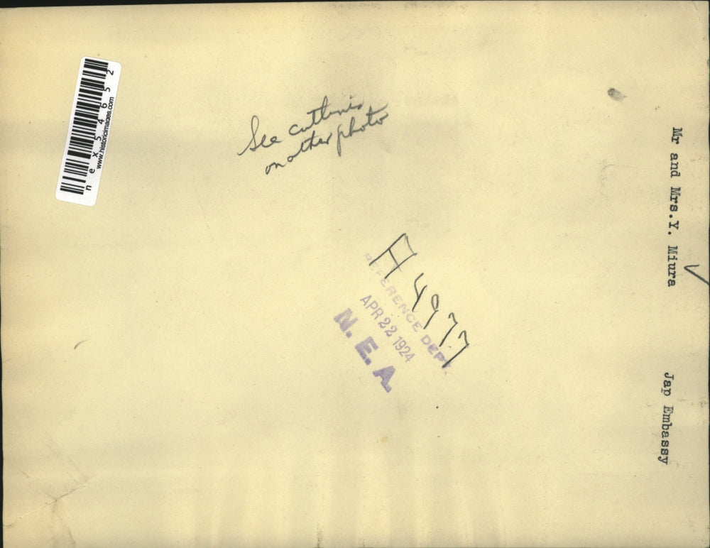 1924 Press Photo Mr. & Mrs. Y. Miura, Japanese Embassy