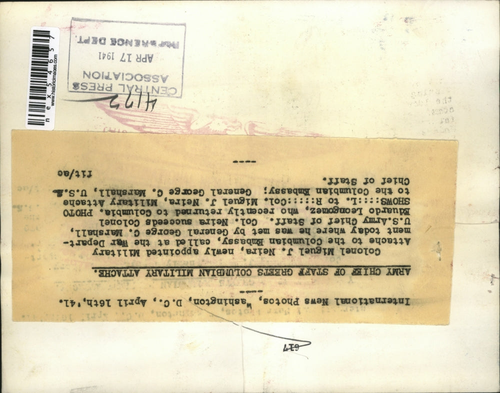 1941 Press Photo Army Chief of Staff greets Columbian Military Attache