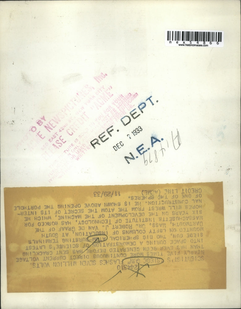 1933 Press Photo "Siege Gun" Flashes Seven Million Volts