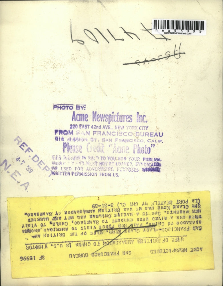 1939 Press Photo San Francisco California, Clark Kerr wife of British Ambassador