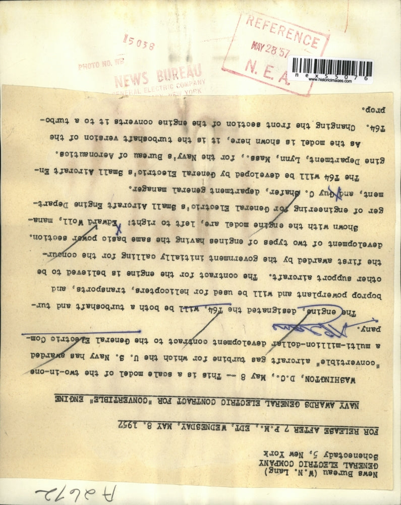 1957 Press Photo General Electric Navy contract on Convertible aircraft gas