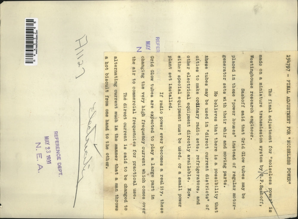 1931 Press Photo SP Sashoff Westinghouse research engineer