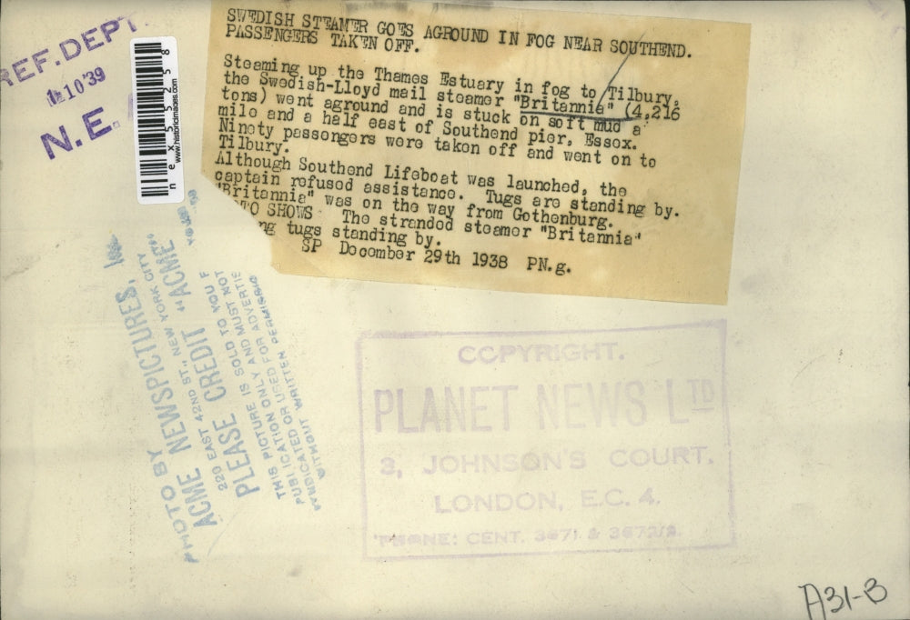 1938 Press Photo Steamer Britannia on the Thames at Tilbury