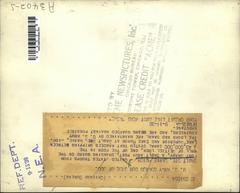 1939 Press Photo Sault St Marie Mich US troops from Ft Brady at Weitzel Locks