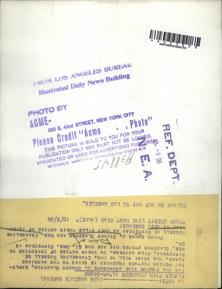 1936 Press Photo J Stuart Blackton Weds Evangeline Russell De Rippeteau