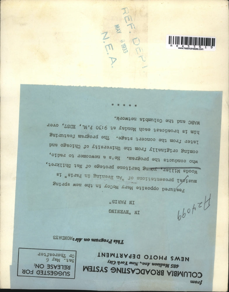 1933 Press Photo Baritone Singer Woods Miller, CBS "An Evening in Paris"