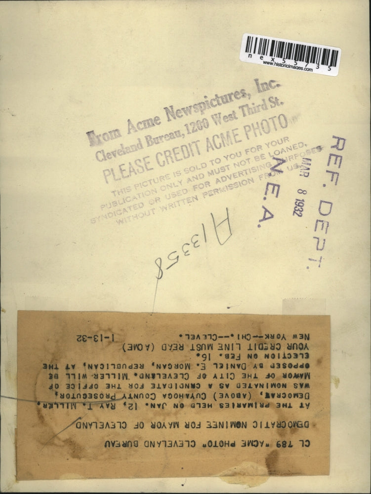 1932 Press Photo Ray T. Miller, Cleveland Mayor Democratic Candidate