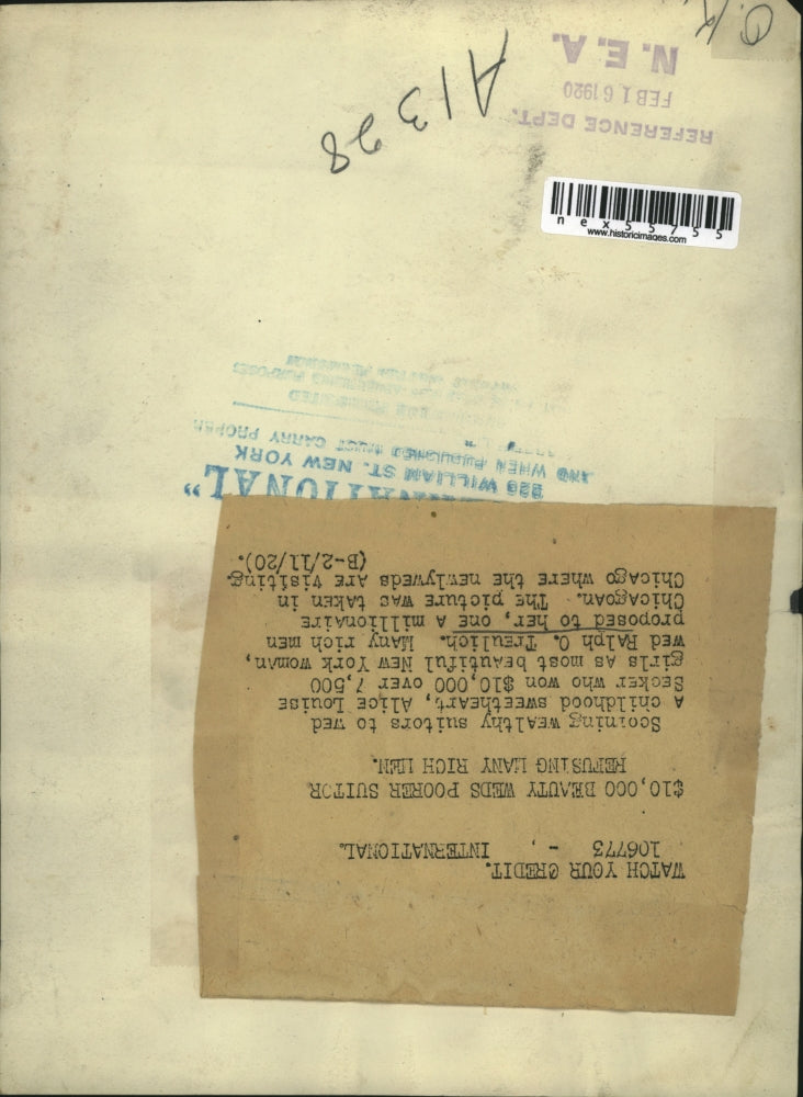 1920 Press Photo $10,000 Winner Alice Louise Secker, Husband Ralph O. Treulich