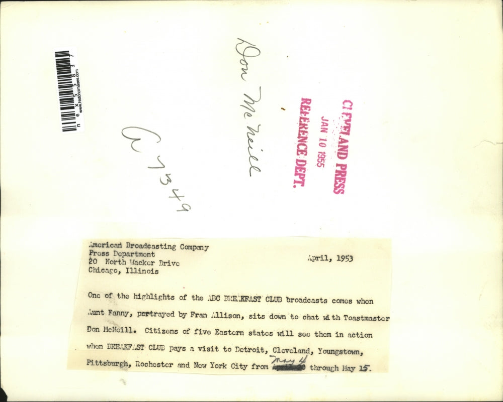 1955 Press Photo ABC Breakfast Club Fran Allison & Don McNeill