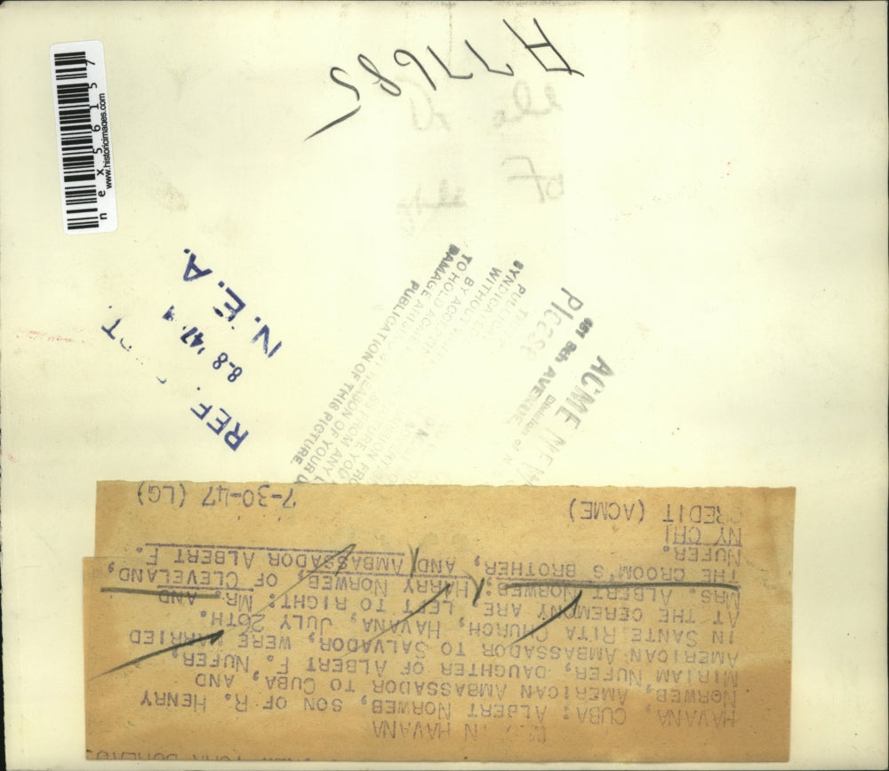 1947 Press Photo Havana Cuba Al Noeweb weds Miriam Nufer US Amb son