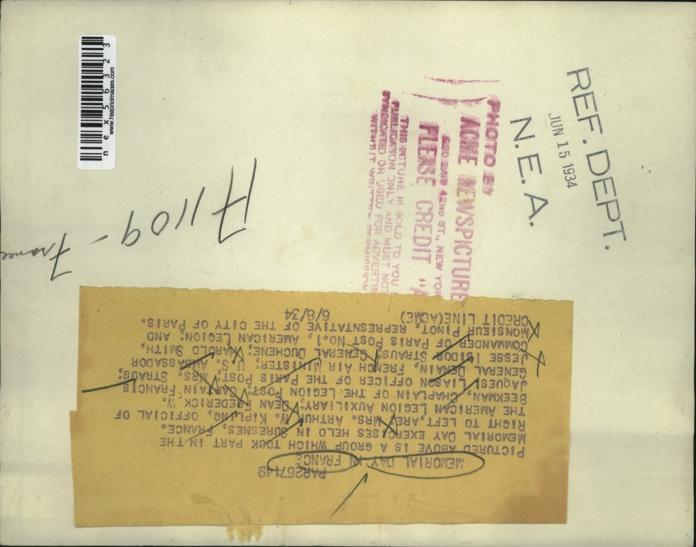 1934 Press Photo Memorial Day in France Mrs A Kipling,FW Beekman,F Jaques