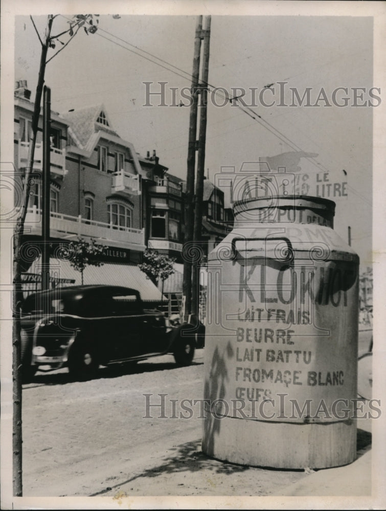 1936 Press Photo Giant Dairy Milk Can Advertisement, Brussels, Belgium