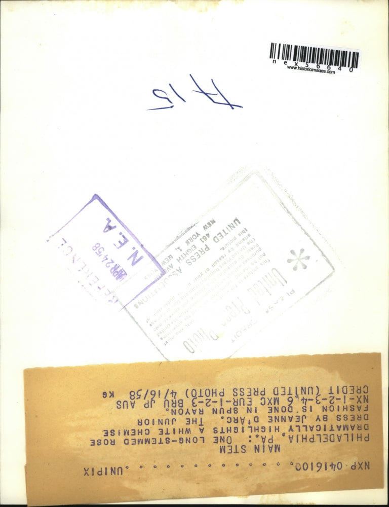 1958 Press Photo Model Wears Jeanne D'Arc White Chemise Rose Dress - nex56640