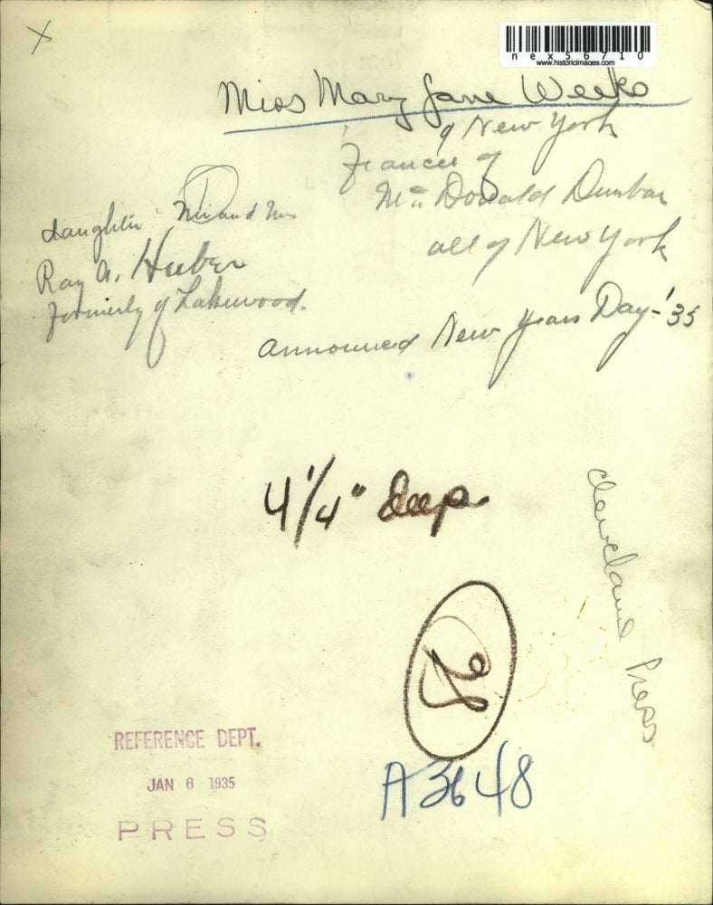 1935 Press Photo Miss Mary Jane Weeks of NYC