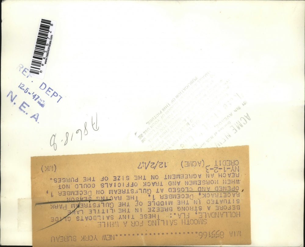 1947 Press Photo Hollandale Fla sailboats at Gulfstream Park track