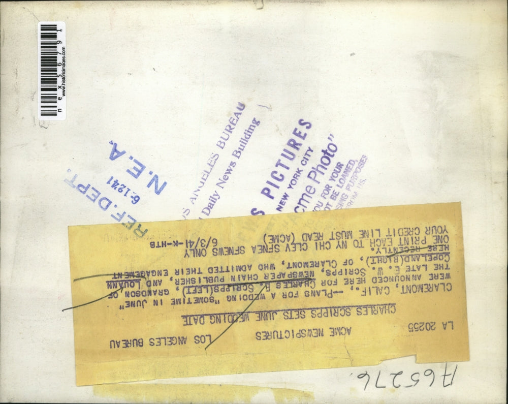 1941 Press Photo Claremont Calif Charles Scripps, Louann Copeland to wed