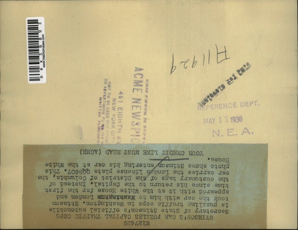 1930 Press Photo Sec of State Stimson's official auto at the White House in DC