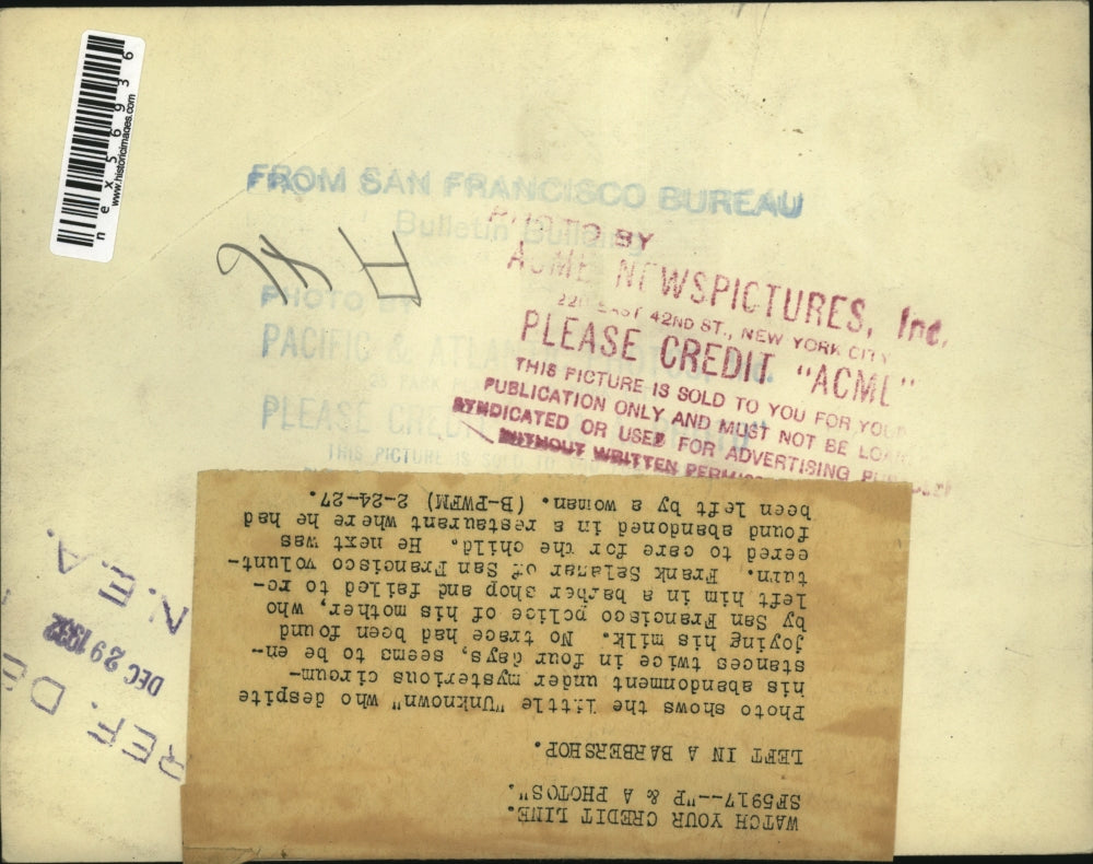 1927 Press Photo A baby found abandoned in San Francisco