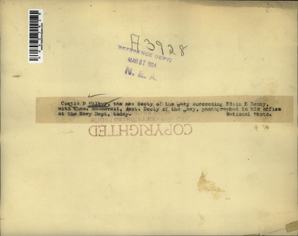 1924 Press Photo Curtis WilburSec of the Navy &Theo Roosevelt Asst Sec