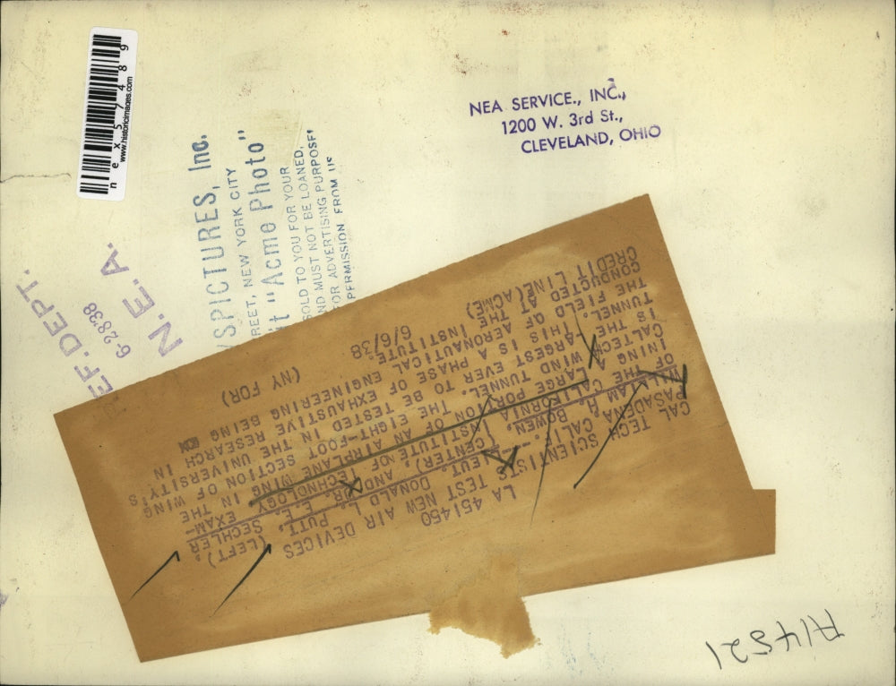 1938 Press Photo D L Putt W Bowen Dr E Sechler California Tech Wind Tunnel