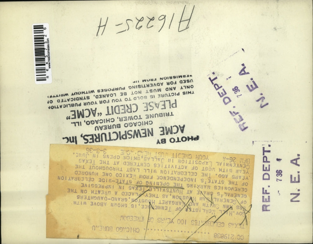 1936 Press Photo Gov Hill McAllister of Tn T Gen Sam Huston grave in Tex