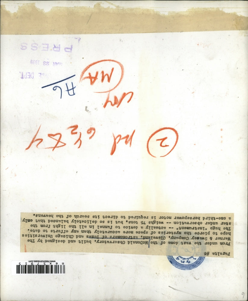 1939 Press Photo McDonald Observatory telescope for Tx & Chicago Univ