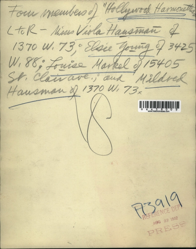 1932 Press Photo Hollywood Harmonettes V Hansman, E Young, L Markel, M Housman